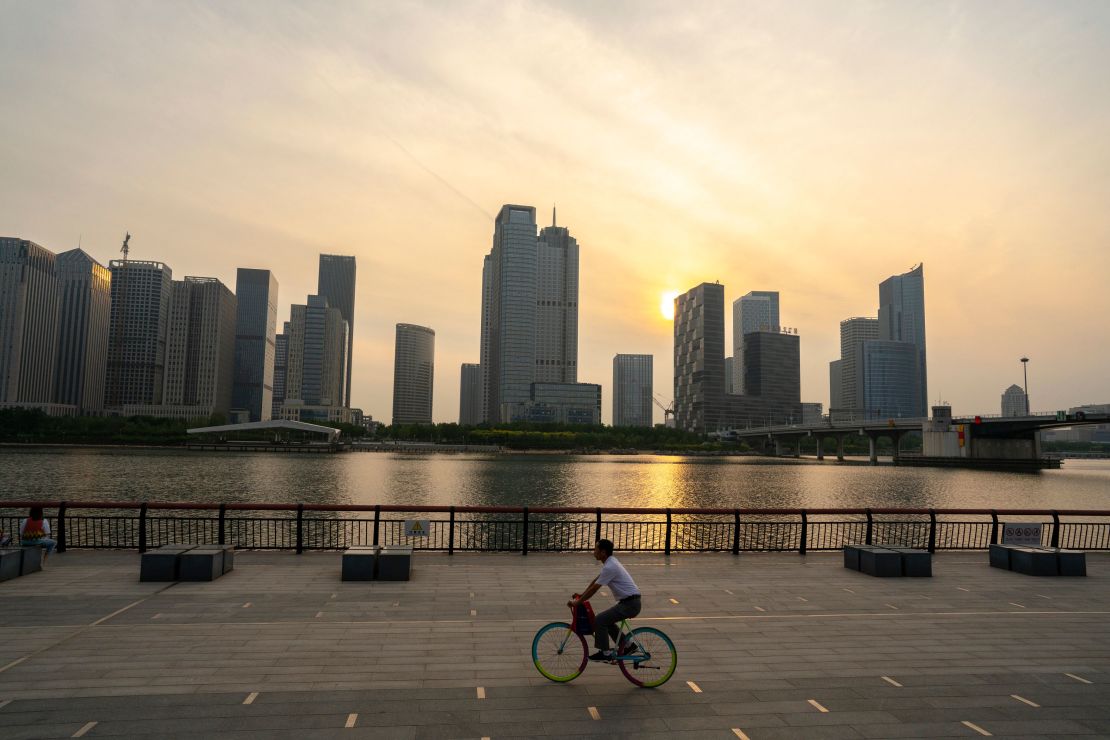 A skyline view of office buildings pictured at dusk in Tianjin, China.