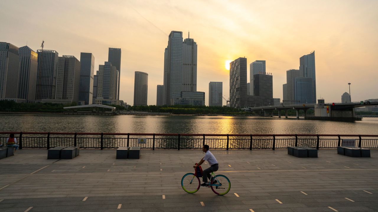 A skyline view of office buildings pictured at dusk in Tianjin, China.
