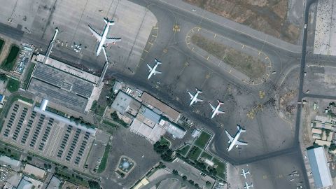 Maxar satellite imagery of the tarmac at Hamid Karzai International Airport in Afghanistan.