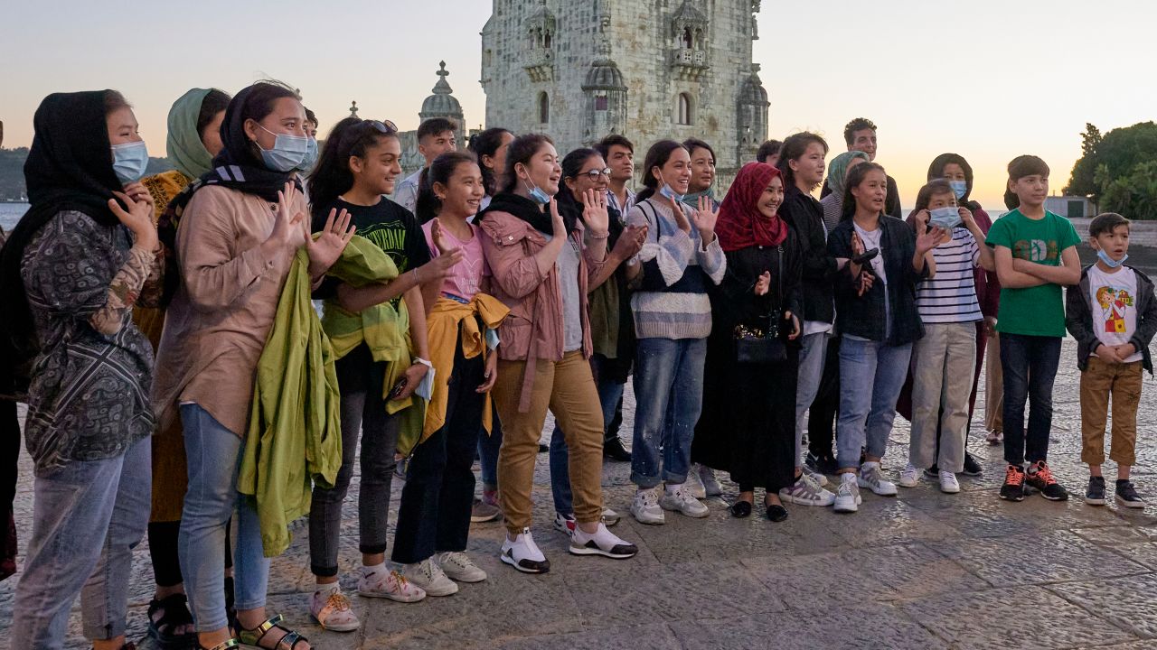 Members of the Afghanistan Youth Women's National Team receiving a surprise welcome by the captain of the Afghanistan women's team Farkhunda Muhtaj in Lisbon, Portugal in September.