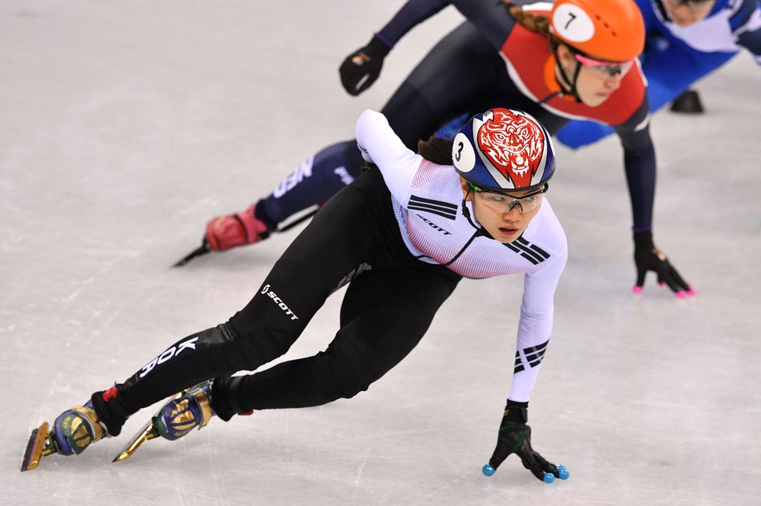 Shim leads the women's 1,000m short track speed skating quarterfinal during the 2018 Winter Olympics. 