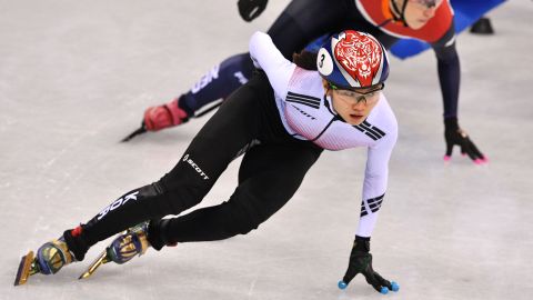 Shim leads the women's 1,000m short track speed skating quarterfinal during the 2018 Winter Olympics. 