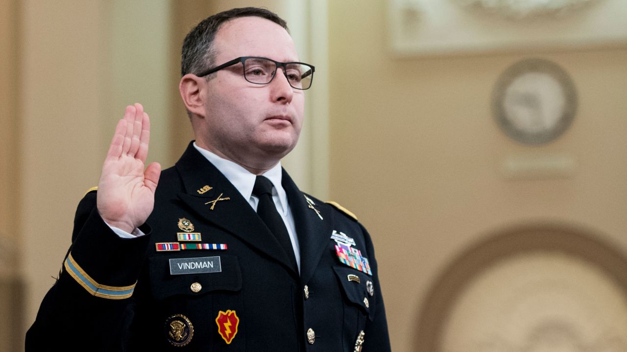 Army Lt. Col. Alexander Vindman is sworn in before testifying in the House Select Intelligence Committee hearing on the impeachment inquiry into President Donald Trump on Tuesday, November 19, 2019.