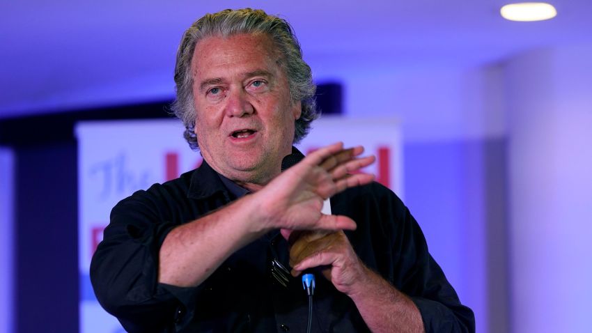 Political strategist Steve Bannon gestures during a speech during an election rally in Richmond, Va., Wednesday, Oct. 13, 2021. Conservative radio host John Fredericks, a former Trump campaign chairman in Virginia, organized the "Take Back Virginia Rally" in which former President Donald Trump called in.