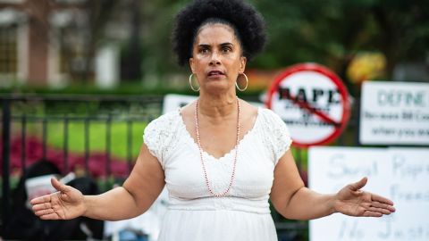 Lili Bernard attends a July protest in Philadelphia over Cosby's overturned conviction.