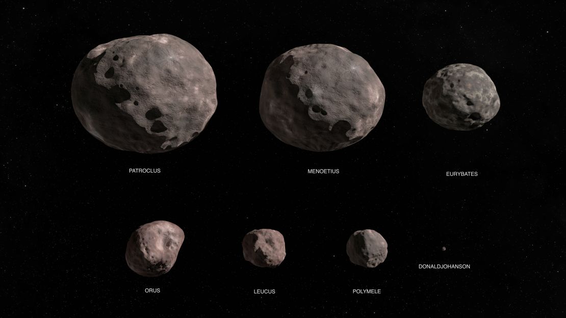 NASA's Lucy mission will explore seven Trojan asteroids.
This illustration shows the binary asteroid Patroclus/Menoetius, Eurybates, Orus, Leucus, Polymele and the main belt asteroid DonaldJohanson.