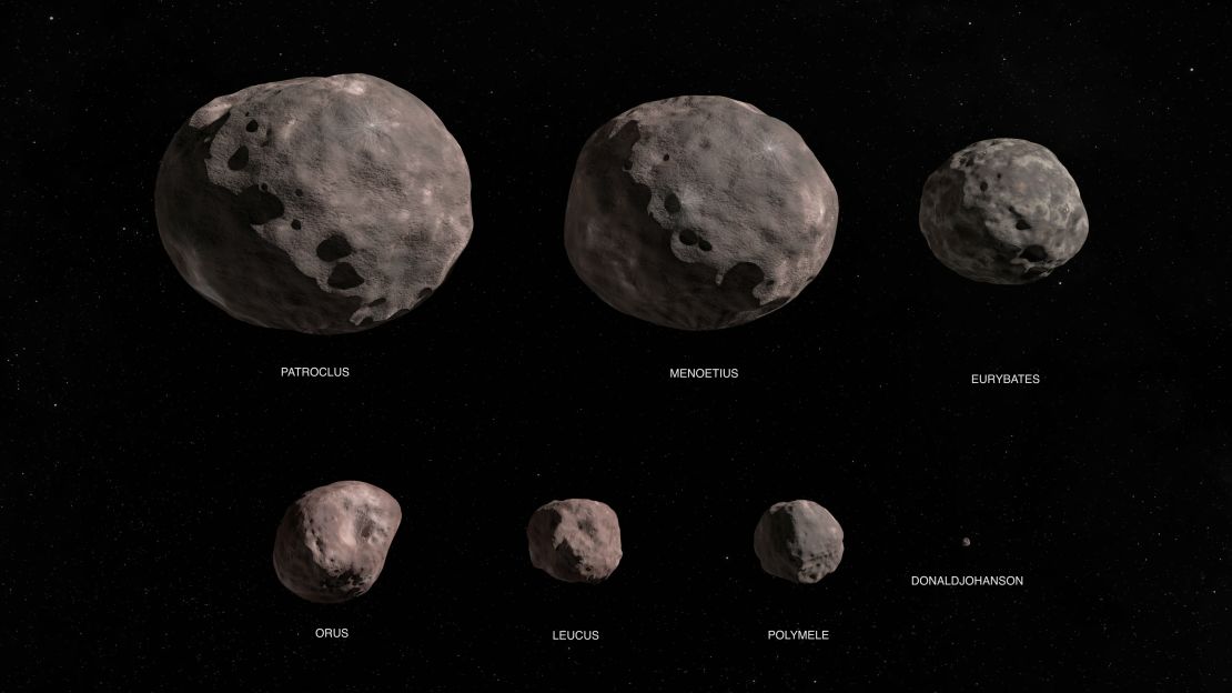 NASA's Lucy mission will explore a record-breaking number of asteroids, flying by one asteroid in the solar system's main asteroid belt, and by seven Trojan asteroids. This illustration is of the Lucy mission's seven targets: the binary asteroid Patroclus/Menoetius, Eurybates, Orus, Leucus, Polymele, and the main belt asteroid DonaldJohanson.