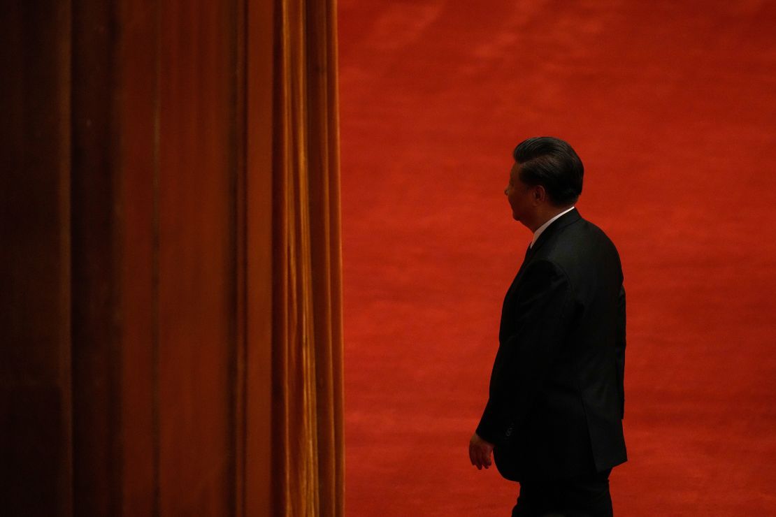 Chinese President Xi Jinping after delivering a speech at the Great Hall of the People in Beijing, on October 9, 2021.