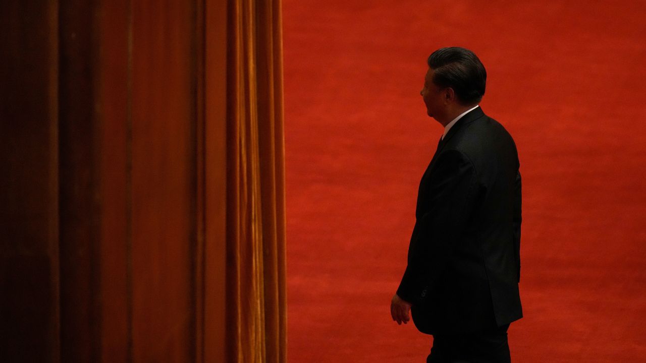 Chinese President Xi Jinping after delivering a speech at the Great Hall of the People in Beijing, on October 9, 2021.