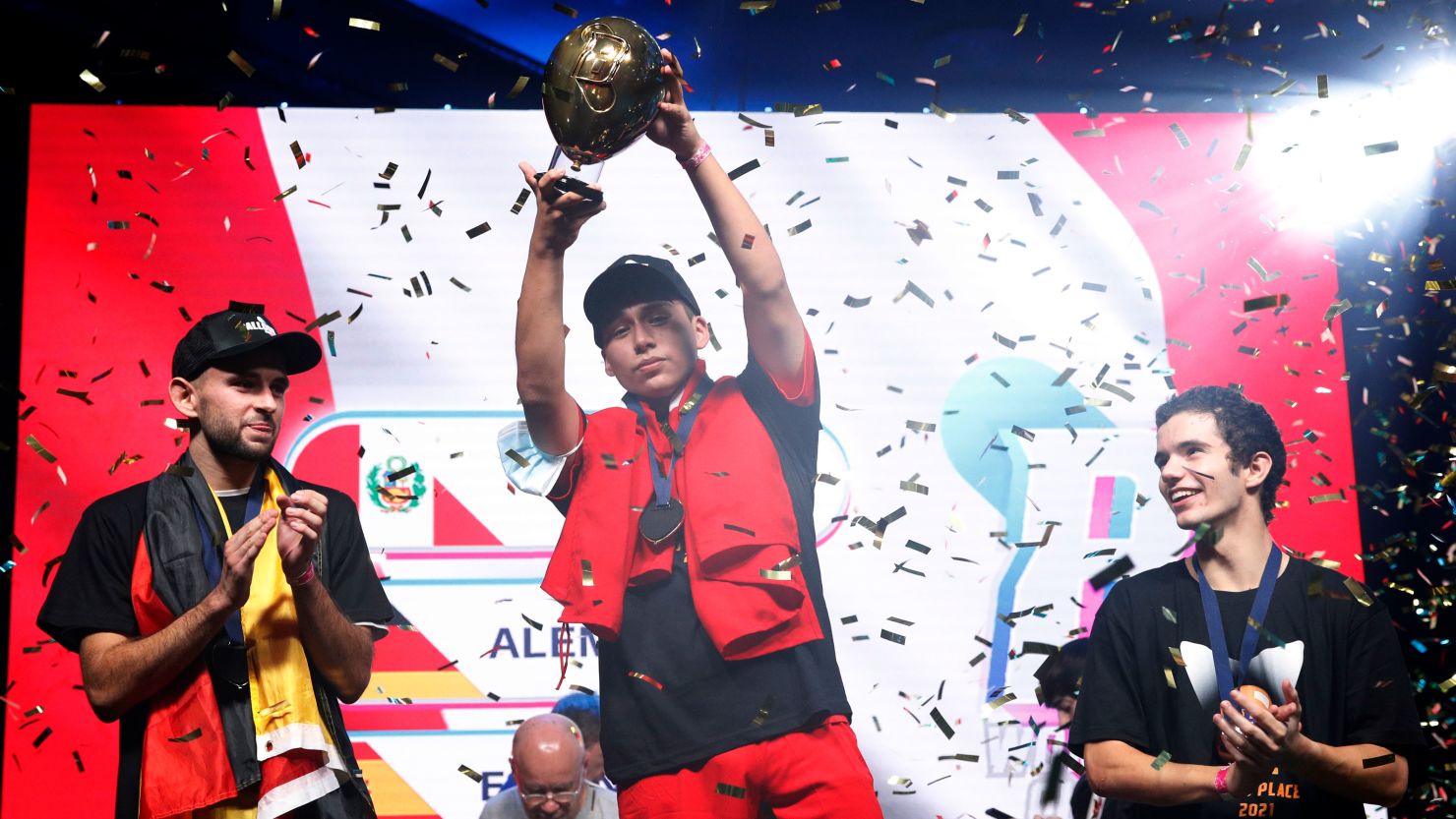 Peru's Francesco De La Cruz celebrates after winning the first Balloon World Cup.