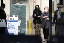 Hillary Clinton leaves after it was announced that former President Bill Clinton was admitted to the University of California Irvine Medical Center in Orange, California, on October 14, 2021.