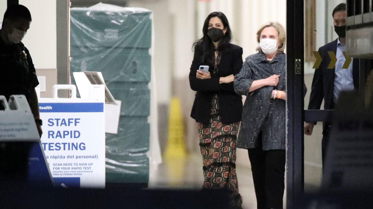 Hillary Clinton leaves after it was announced that former President Bill Clinton was admitted to the University of California Irvine Medical Center in Orange, California, on October 14, 2021.