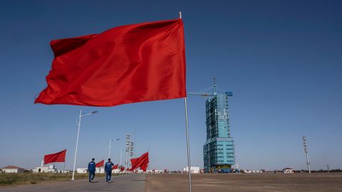 The launchpad for the Shenzhou-13 at the Jiuquan Satellite Launch Center, pictured here on October 15, 2021, is surrounded by barren plains. 