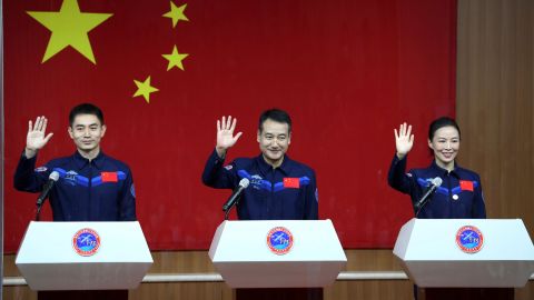 From left, astronauts Ye Guangfu, Zhai Zhigang, and Wang Yaping, meet the press at the Jiuquan Satellite Launch Center on October 14 before their departure to Tiangong space station.
