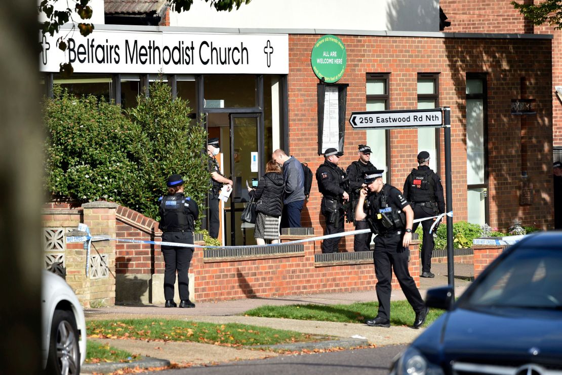 Emergency services at the scene near the Belfairs Methodist Church, where David Amess was stabbed in Leigh-on-Sea, Essex.