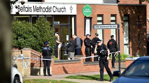 Emergency services at the scene near the Belfairs Methodist Church, where David Amess was stabbed in Leigh-on-Sea, Essex.