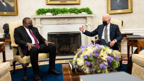 US President Joe Biden meets with Uhuru Kenyatta, President of the Republic of Kenya, in the Oval Office of the White House on October 14, 2021.