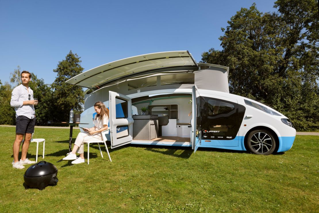 The camper allows two people to drive, shower, make a cup of coffee and watch TV using just the energy of the sun. 