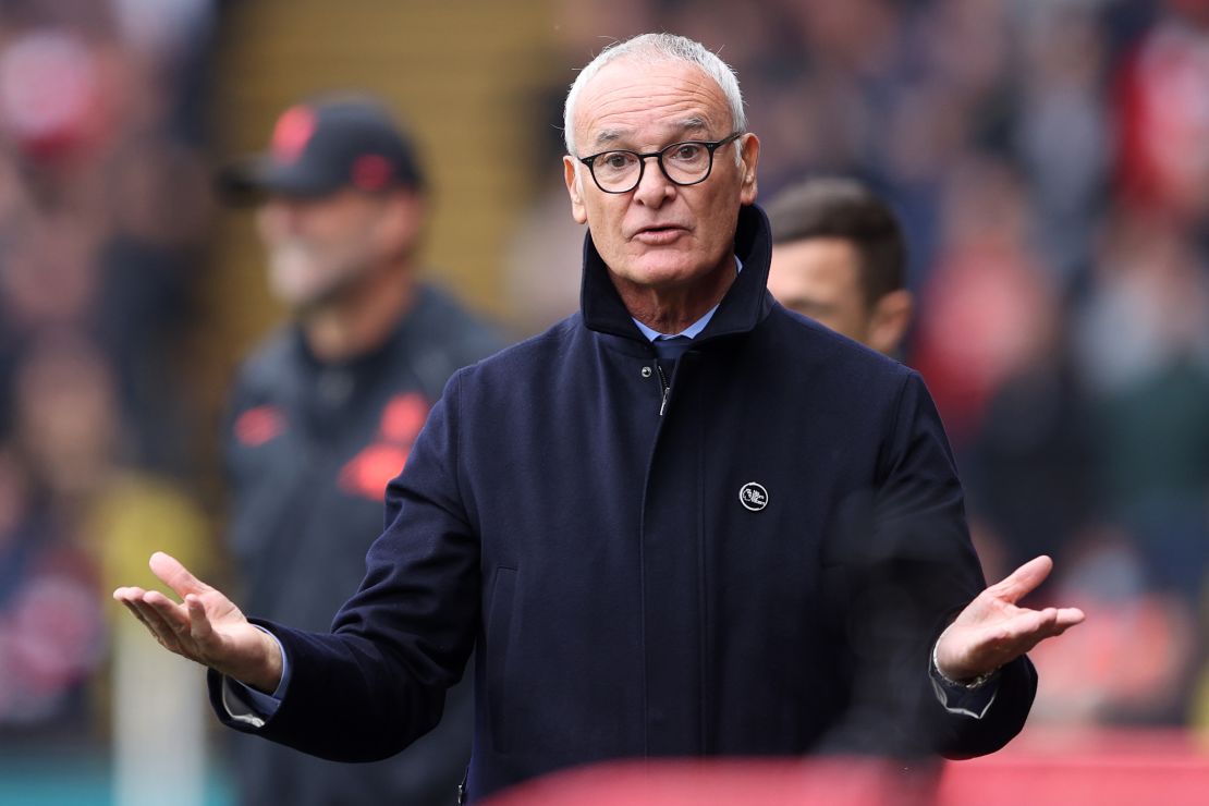 Ranieri reacts during the Premier League game against Liverpool.