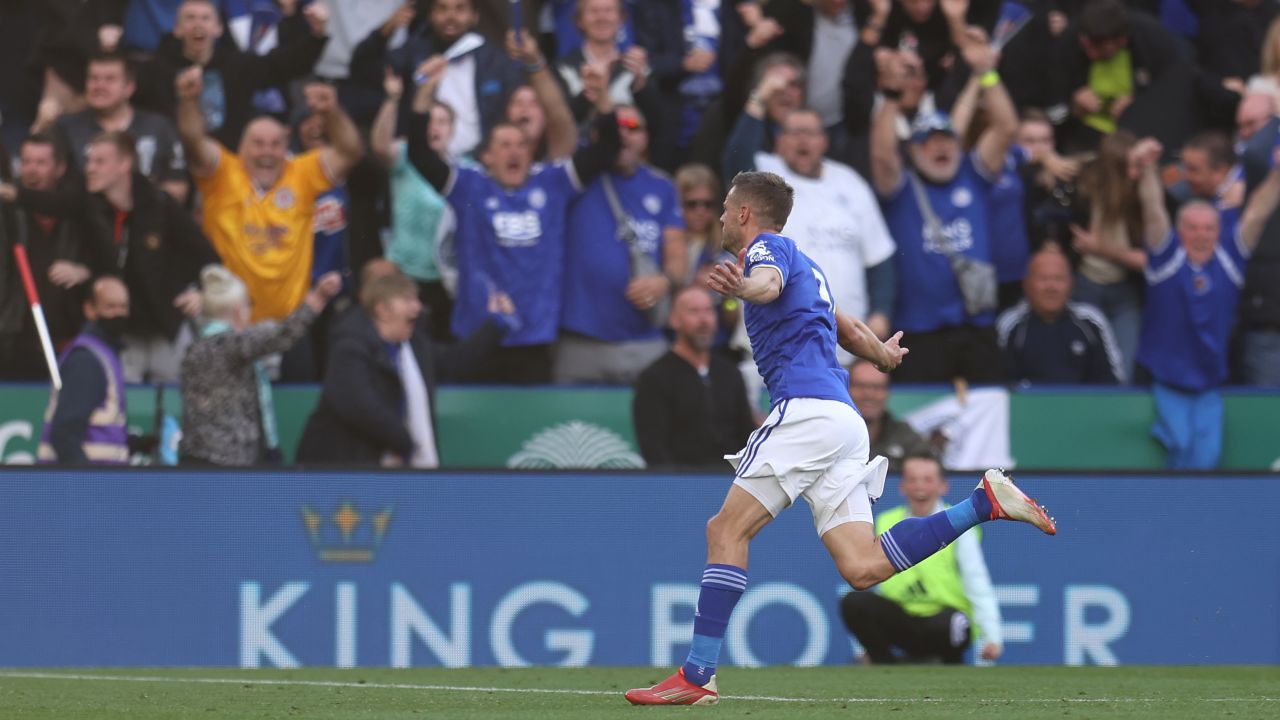 Vardy celebrates scoring against Manchester United.
