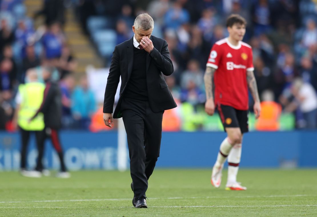 Solskjaer reacts after the game against Leicester City. 