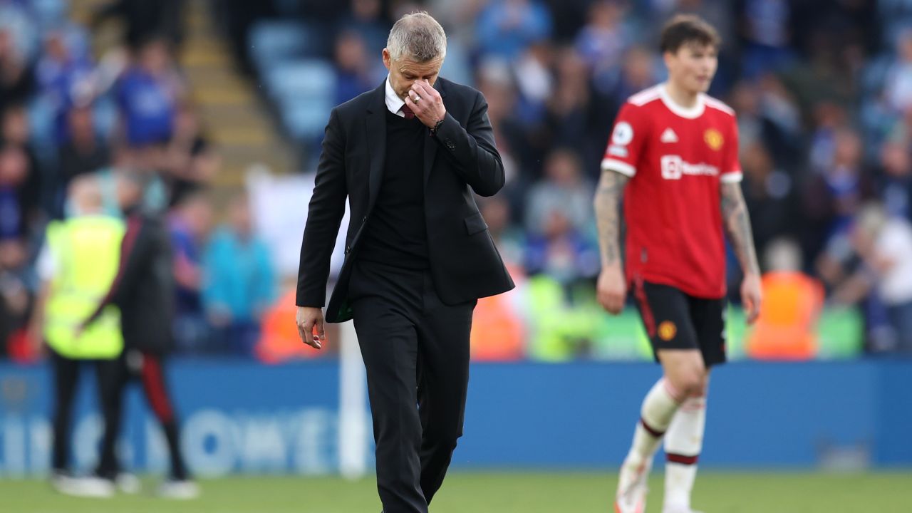 Solskjaer reacts after the game against Leicester City.