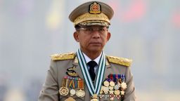 Myanmar's Commander-in-Chief Senior Gen. Min Aung Hlaing presides an army parade on Armed Forces Day in Naypyitaw, Myanmar, on March 27, 2021. Southeast Asian foreign ministers have agreed to downgrade Myanmar's participation in its Oct. 26-28, 2021 summit in their sharpest rebuke yet of its leaders following a Feb. 1 military takeover.