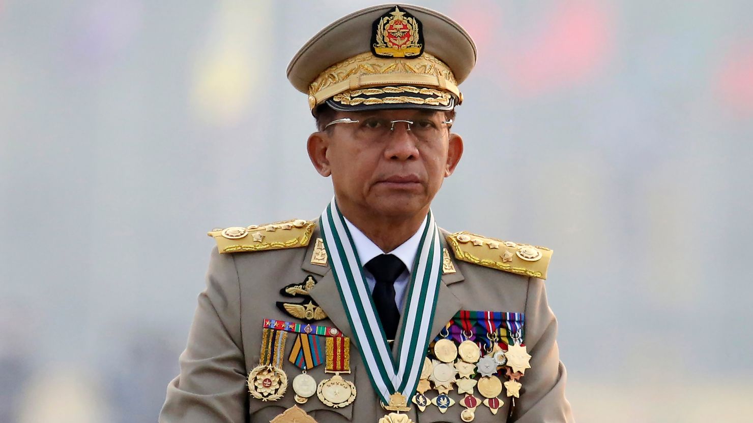 Myanmar's junta chief Min Aung Hlaing presides over a military parade on Armed Forces Day in Naypyidaw, Myanmar on March 27.