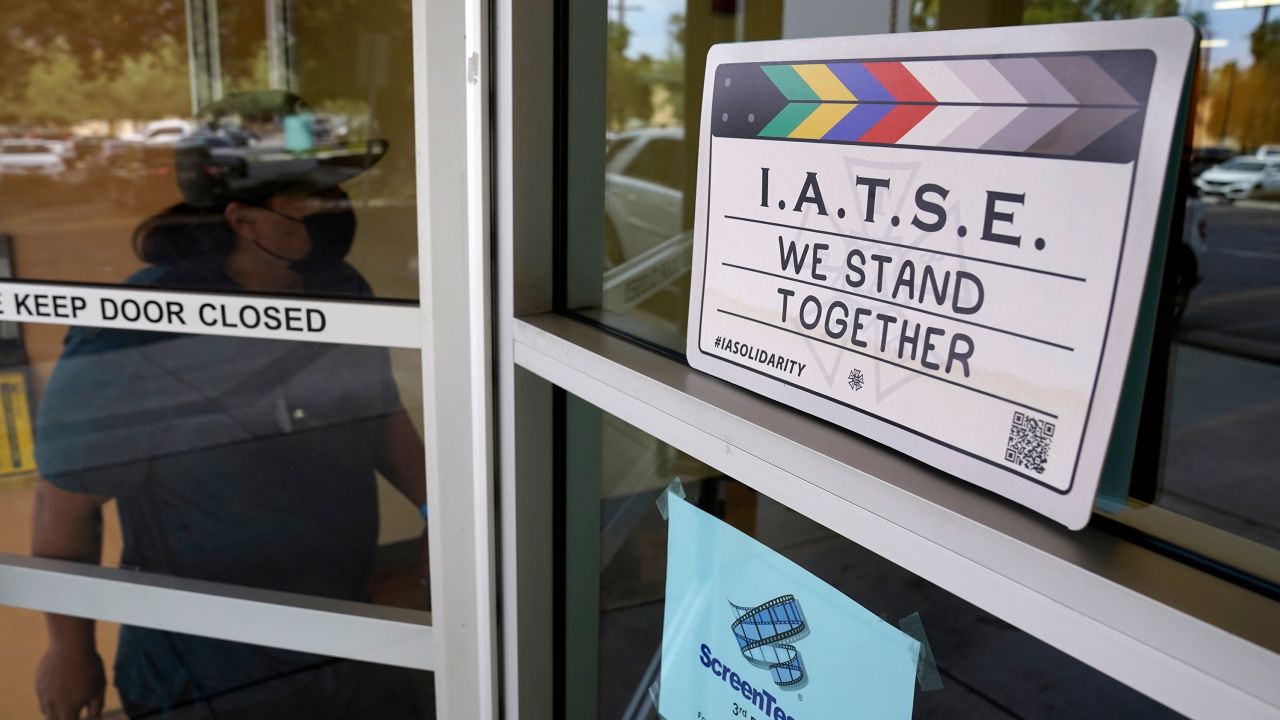 A man enters the union offices of The International Alliance of Theatrical Stage Employees (IATSE) Local 80 in Burbank, California.