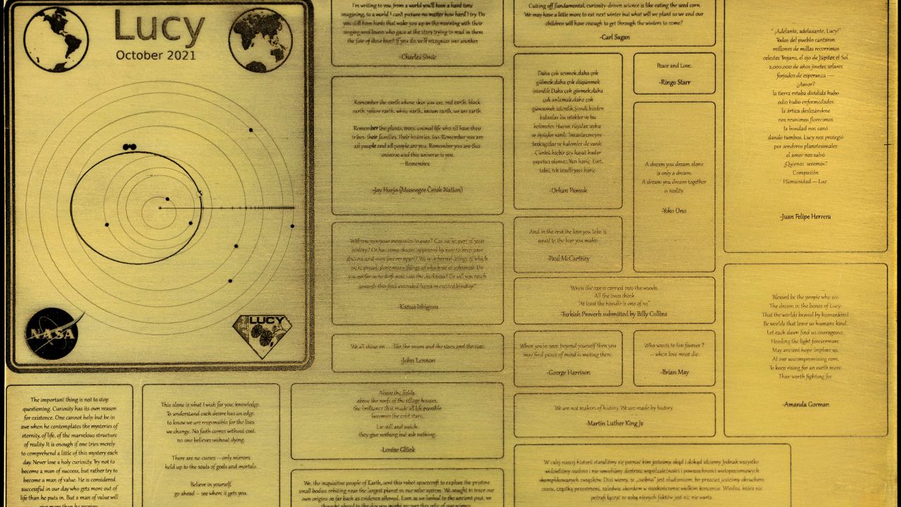 This is the golden plaque attached to the Lucy spacecraft.