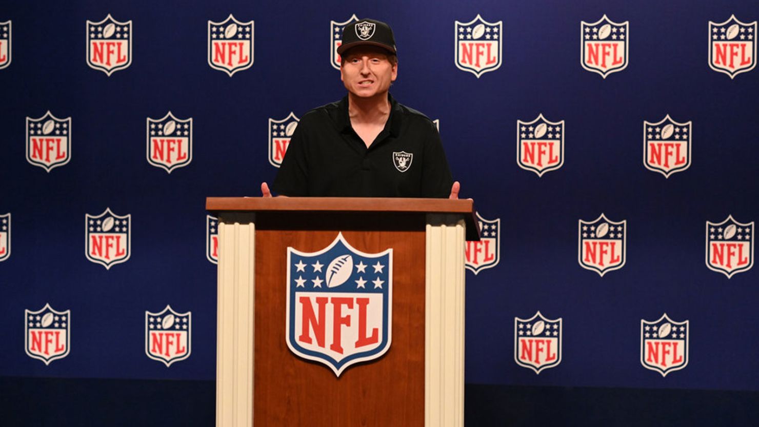 James Austin Johnson as Jon Gruden during SNL's "Football Press Conference" cold open on October 16, 2021.