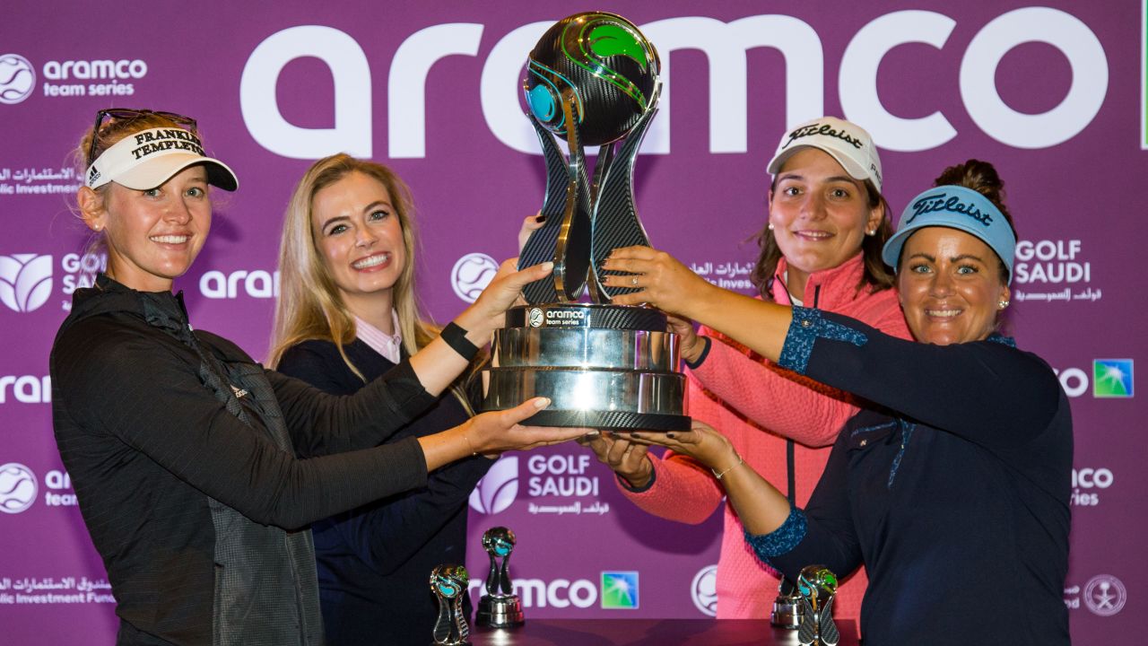 The winning team, Jessica Korda, Alex O'Laughlin, Karolin Lamert and Lina Boqvist, celebrate.