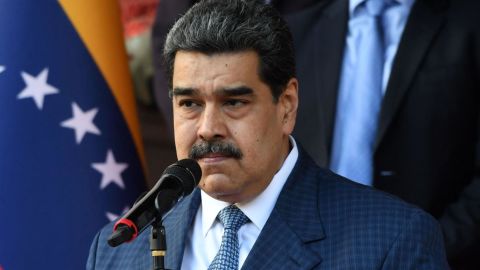 Venezuelan President Nicolas Maduro speaks with the press after holding a meeting with FIFA president Gianni Infantino at the Miraflores Presidential Palace in Caracas, on October 15, 2021. (Photo by FEDERICO PARRA/AFP via Getty Images)