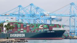 The Evergreen cargo ship "Ever Liberal" filled with containers is seen at the Port of Los Angeles on October 6, 2021 in San Pedro, California. - A record number of cargo ships have been stuck in limbo off the southern California coast waiting for entry to either the Ports of Los Angeles or Long Beach and Federal transportation investigators say premilinary findings suggest the recent oil spill off the southern California coast may have been caused by a ship's anchor hooking and tearing the pipeline that transports oil from platforms out at sea to the Port of Long Beach. (Photo by Frederic J. BROWN / AFP) (Photo by FREDERIC J. BROWN/AFP via Getty Images)