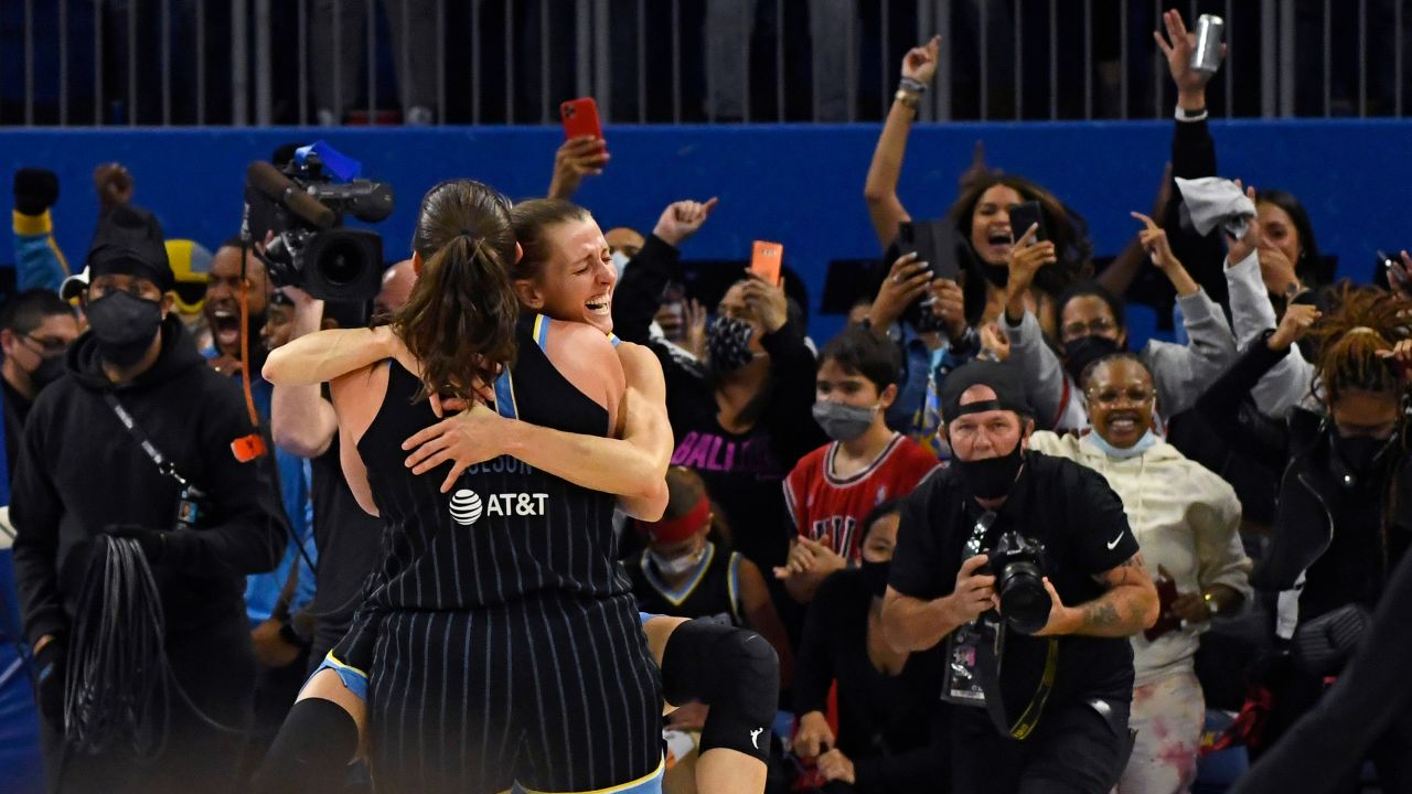 Chicago Sky guard Allie Quigley and center Stefanie Dolson celebrate at the end of the second half of Game 4 of the 2021 WNBA Finals at Wintrust Arena in Chicago.