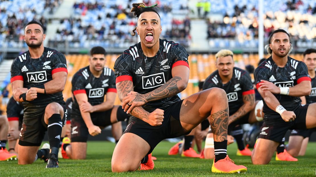 Wainui of the Māori All Blacks performs the haka on July 03, 2021.