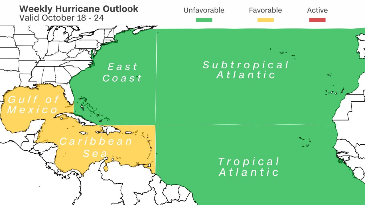 Hurricane outlook for the week of October 18. Favorable conditions for tropical development exist across portions of the Gulf of Mexico and Caribbean Sea (highlighted in yellow) this week. Otherwise, unfavorable conditions exist across the remainder of the Atlantic (highlighted in green).