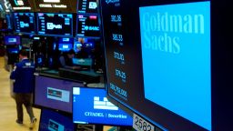The logo for Goldman Sachs appears above a trading post on the floor of the New York Stock Exchange, on July 13, 2021. 
