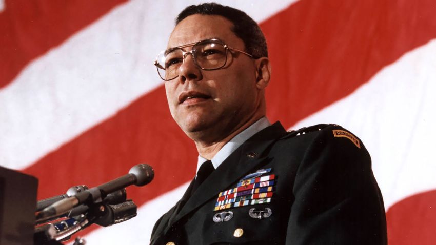 US Chairman of the Joint Chief of Staff General Colin Powell addresses the Veterans of Foreign Wars 04 March 1991, Washington,DC. In his speech, Powell said the United States will demand that Iraq account immediately and fully for all US soldiers missing in action or held prisoner. AFP PHOTO/Jerome DELAY (Photo credit should read JEROME DELAY/AFP via Getty Images)