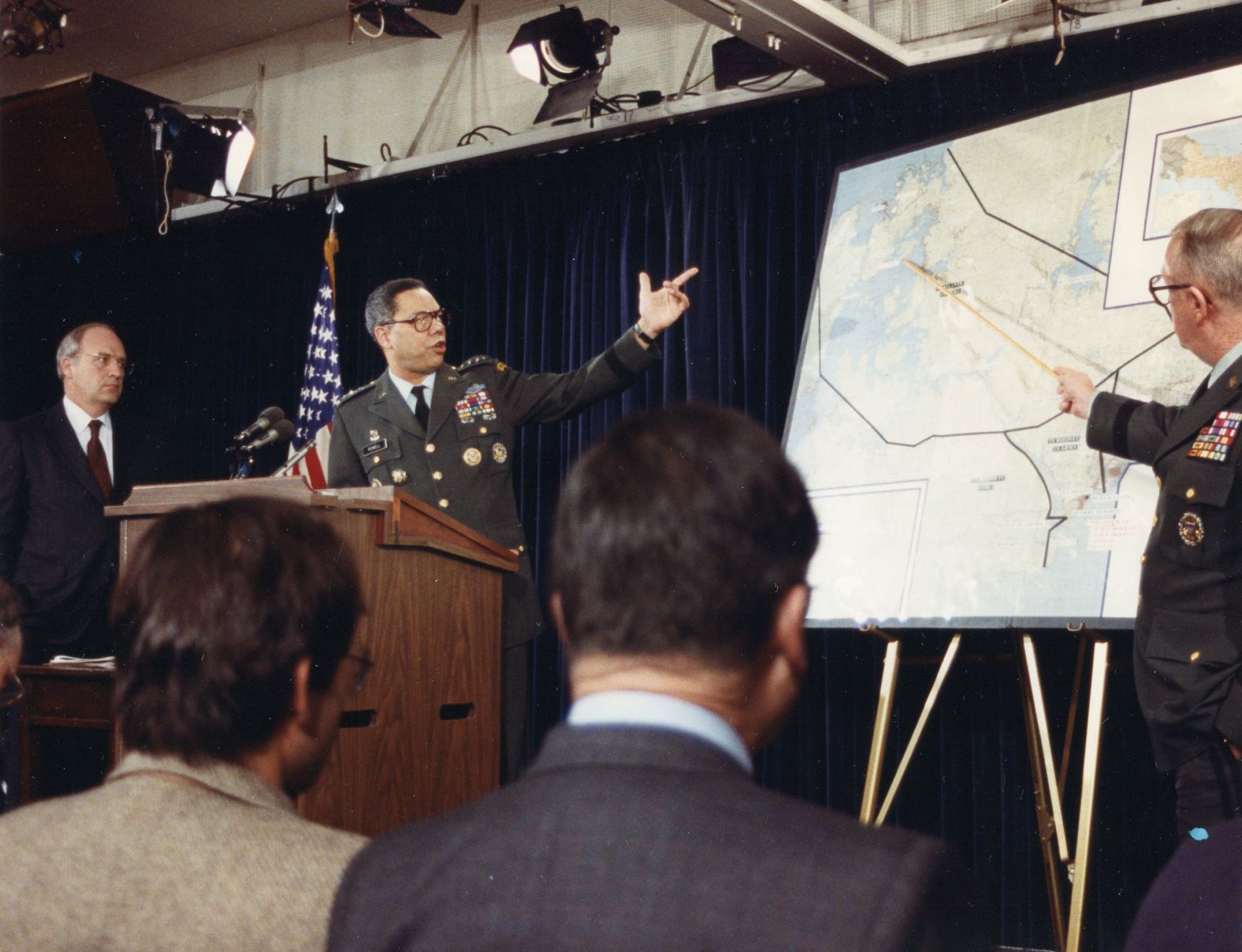 In 1989, Powell was tapped by President George H.W. Bush to head the Joint Chiefs of Staff. Here, he speaks during a Pentagon briefing about Panama. At left is Secretary of Defense Dick Cheney, who later became vice president of the United States.