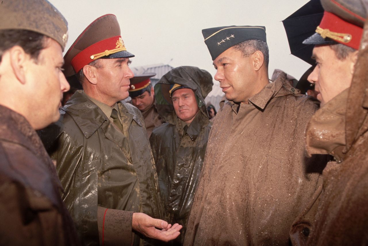 Powell tours a Soviet air base in 1991.