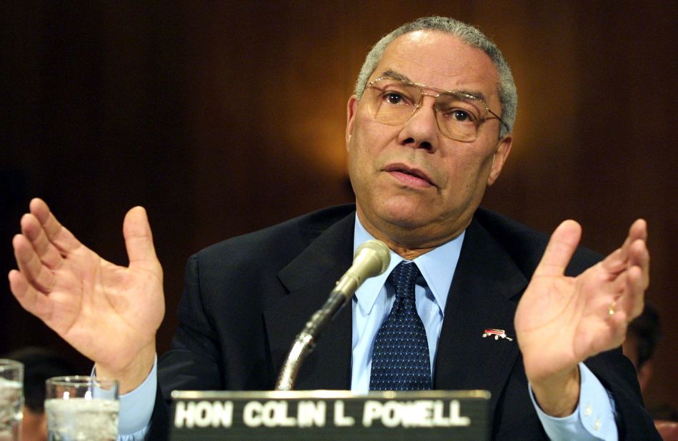 Powell testifies about various foreign policy issues during a Senate committee hearing in 2001.