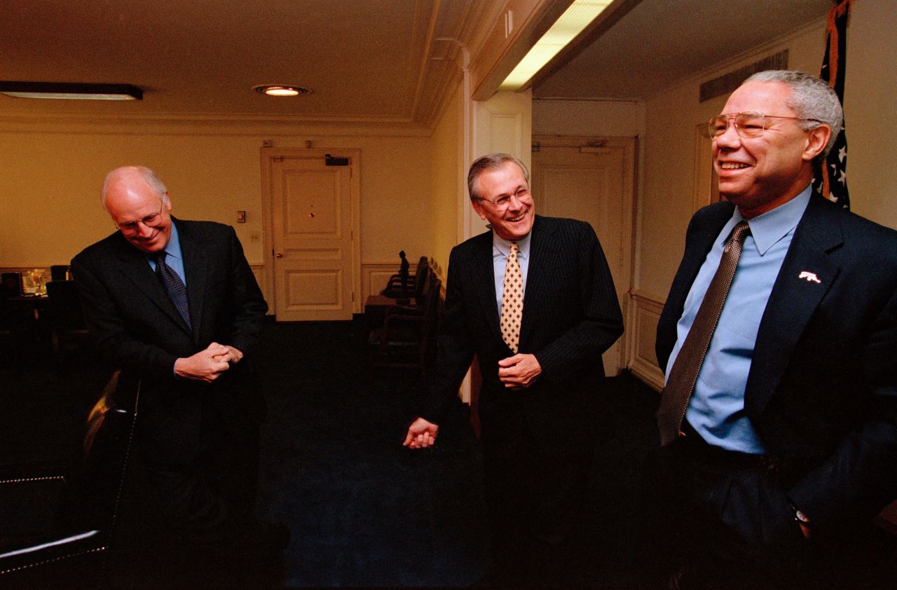 From left, Cheney, Defense Secretary Donald Rumsfeld and Powell share a laugh in Rumsfeld's office in 2001.