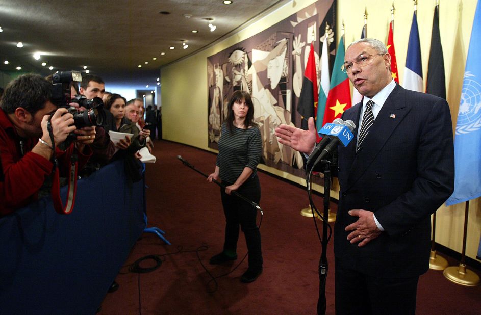 Powell speaks to the media after UN weapons inspector Hans Blix delivered a speech to the UN Security Council in 2003.