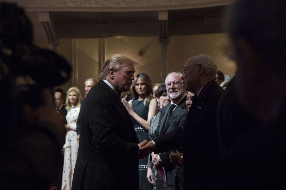 Powell shakes hands with President Donald Trump during the Ford's Theatre Gala in Washington in 2019. Though the large majority of Powell's time as a public servant was spent in Republican administrations, the later years of his life saw him supporting Democratic presidential candidates and harshly criticizing top Republican leaders. Powell endorsed Obama, voted for Hillary and also supported Joe Biden. He once called Trump a "national disgrace and an international pariah."