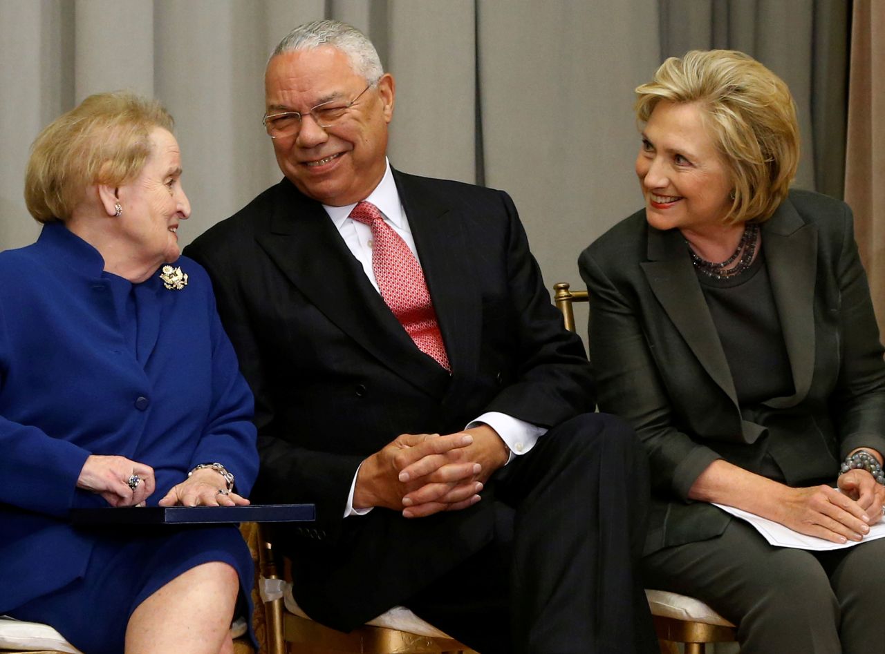 From left, former Secretary of State Madeleine Albright, Powell and former Secretary of State Hillary Clinton attend a groundbreaking ceremony for the US Diplomacy Center at the State Department in Washington in 2014.