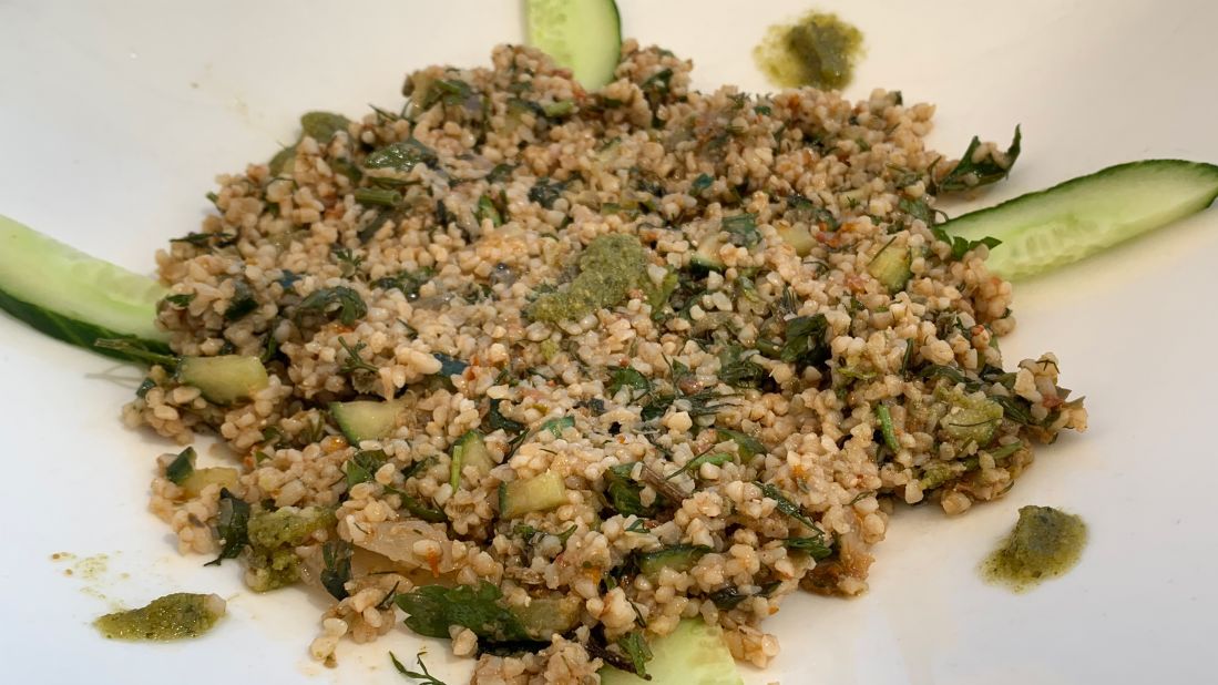 This dish, made from the ancient grain bulgur, is laced with tiny diced cucumbers, sun-dried tomatoes and fresh herbs, as well as lemon juice and olive oil.