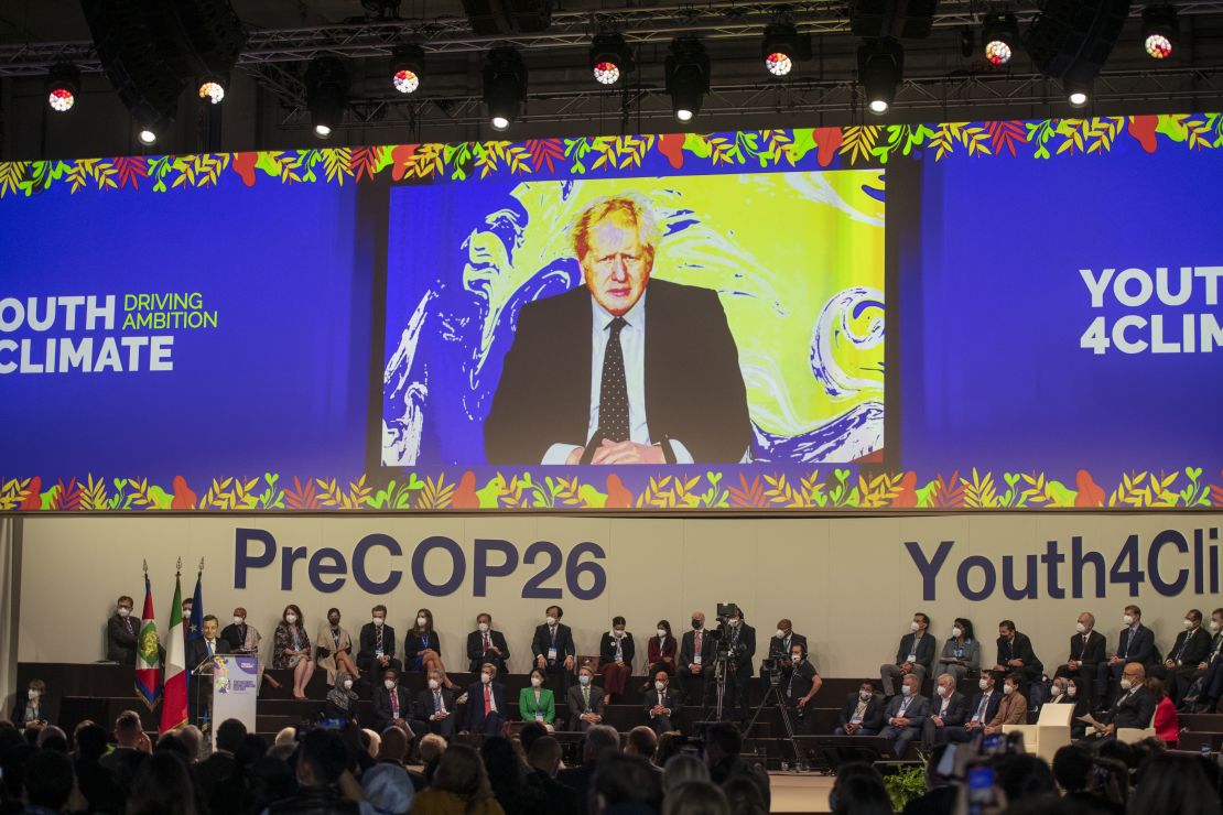 British Prime Minister Boris Johnson speaks on video conference during the Pre-COP26 event in Italy last month.