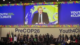  Boris Johnson UK Prime Minister speaks on video conference during the Pre-COP26 on September 30, 2021 in Milan, Italy. 
