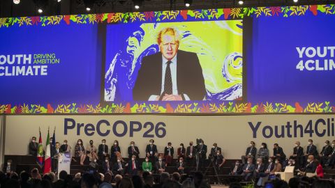 British Prime Minister Boris Johnson speaks on video conference during the Pre-COP26 event in Italy last month.